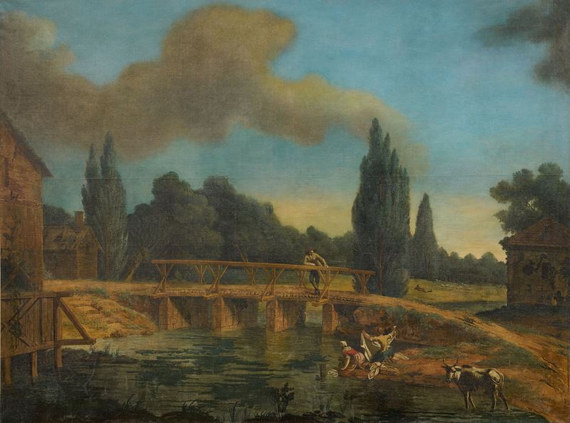 Paesaggio fluviale con lavandaie a un ponte