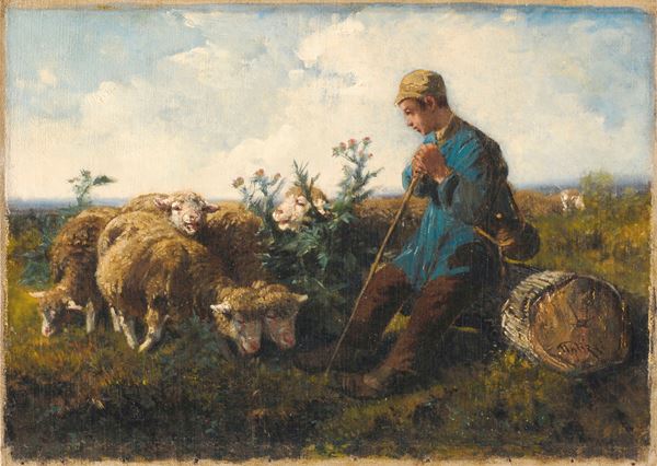 Giuseppe Palizzi : Pastorello con pecore  - Olio su tela - Asta DIPINTI E SCULTURE DEL XIX E XX SECOLO - II - Casa d'aste Farsettiarte