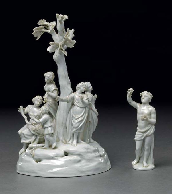 Lotto composto da un gruppo ed una figura in      porcellana bianca