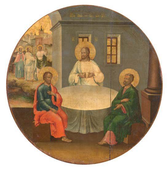 Icona russa del XVIII secolo - Gesù con i Santi Pietro e Paolo (L'Eucarestia)
