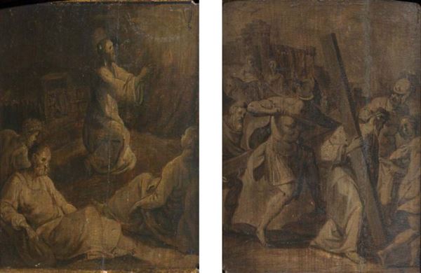 Scuola fiamminga del XVII secolo - Lotto unico di due opere «Gesù nell'orto dei      Getsemani» e «Veronica»