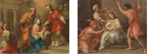 Scuola genovese del XVII secolo - Lotto unico di due opere «Presentazione al tempio» e «Fustigazione di Cristo»