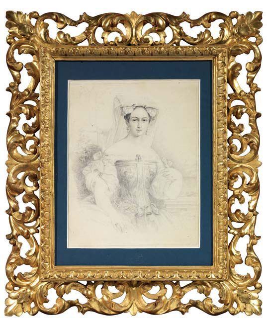 Scuola napoletana met&#224; XIX secolo - Ritratto di giovane donna in costume di Portici
