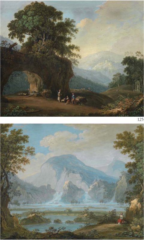 Pittore marchigiano del XVIII secolo - «Paesaggio con figure e gregge» e «Paesaggio      lacustre con figura»