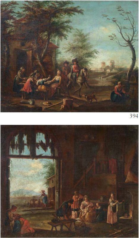 Scuola veneta del XVIII secolo - «Paesaggio con due cavalieri e scena conviviale» e «Paesaggio con interno di fattoria»
