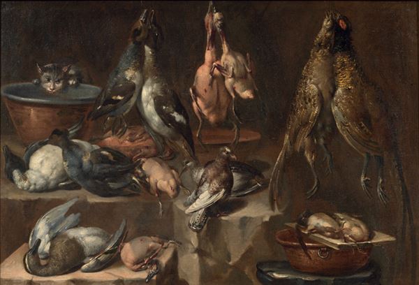 Felice Boselli - Natura morta con selvaggina, pollame, gatto,      piccione e bacili di rame