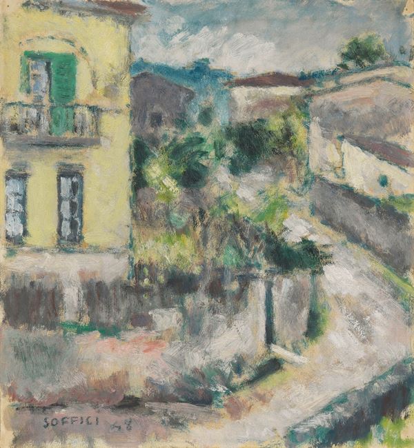 Ardengo Soffici : Paesaggio a Poggio a Caiano  (1948)  - Olio su carta applicata su tela - Asta Arte Moderna - Casa d'aste Farsettiarte