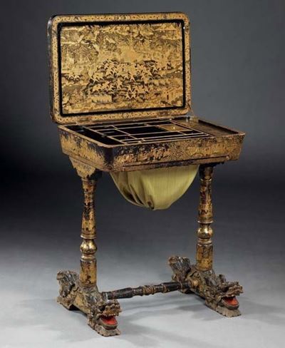 Tavolino da Lavoro in Legno Laccano Nero a Chinoiserie (china Export)