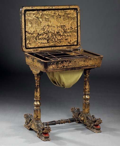 Tavolino da Lavoro in Legno Laccano Nero a Chinoiserie (china Export)