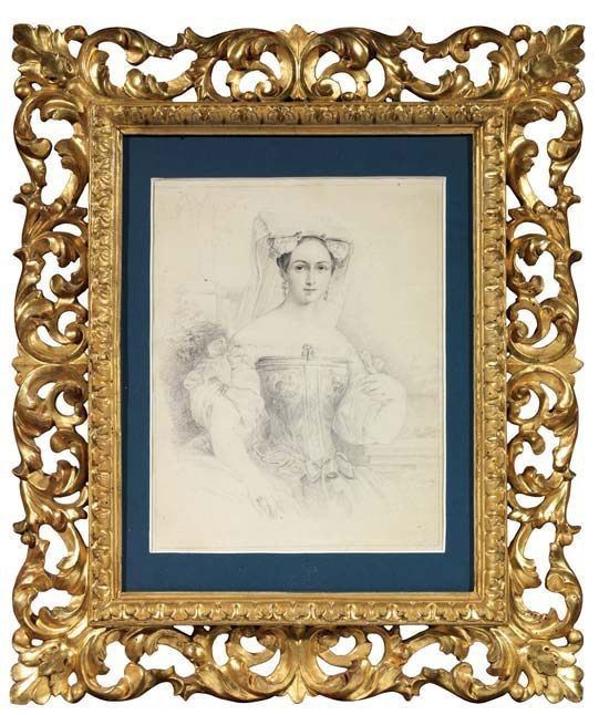 Scuola Napoletana Metà XIX Secolo - Ritratto di Giovane Donna in Costume di Portici