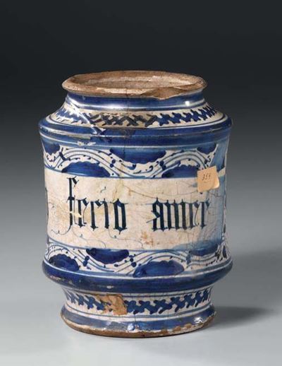 Albarello da Farmacia in Maiolica con Decoro Bianco-blu