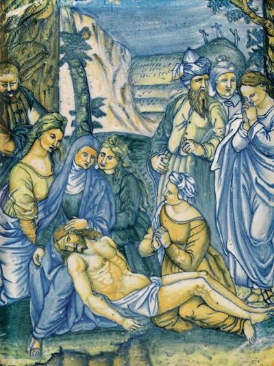 Pannello in Maiolica Policroma Raffigurante «cristo Deposto»