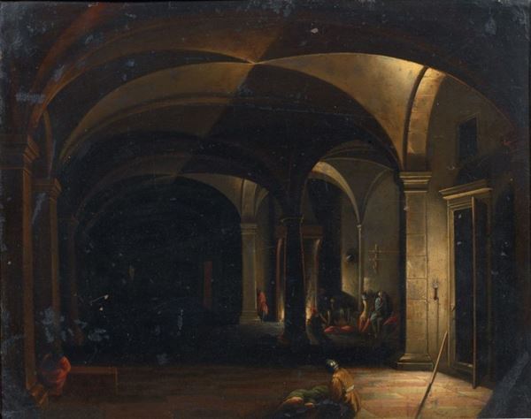 Scuola fiamminga del XVII secolo - Interno di carcere con armigeri