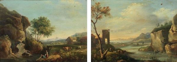 Vittorio Maria Bigari (bottega di) : «Paesaggio fluviale» e «Paesaggio con armenti»  - Olio su tela - Auction Arredi e Dipinti Antichi - I - Casa d'aste Farsettiarte