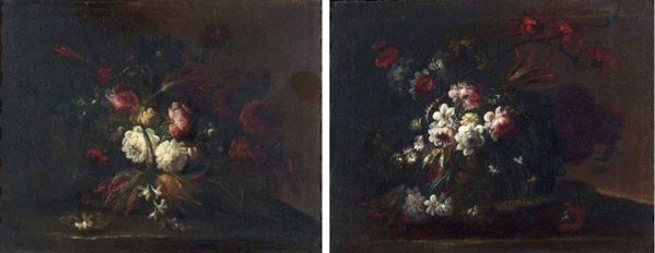 Scuola romana del XVII secolo - Due dipinti a soggetto «Natura morta con vaso di fiori»