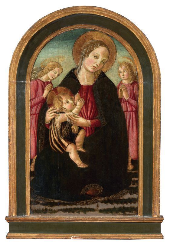 Scuola fiorentina fine XV secolo - Madonna col Bambino e due Angeli oranti