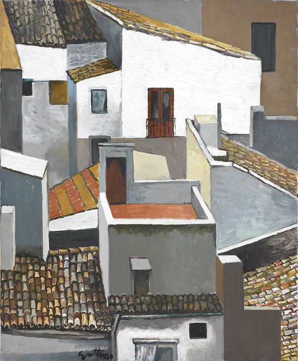 Renato Guttuso : Terrazzino e tetti a Kalsa (Palermo)  (1976)  - Olio su tela - Auction Arte Moderna - II - Casa d'aste Farsettiarte
