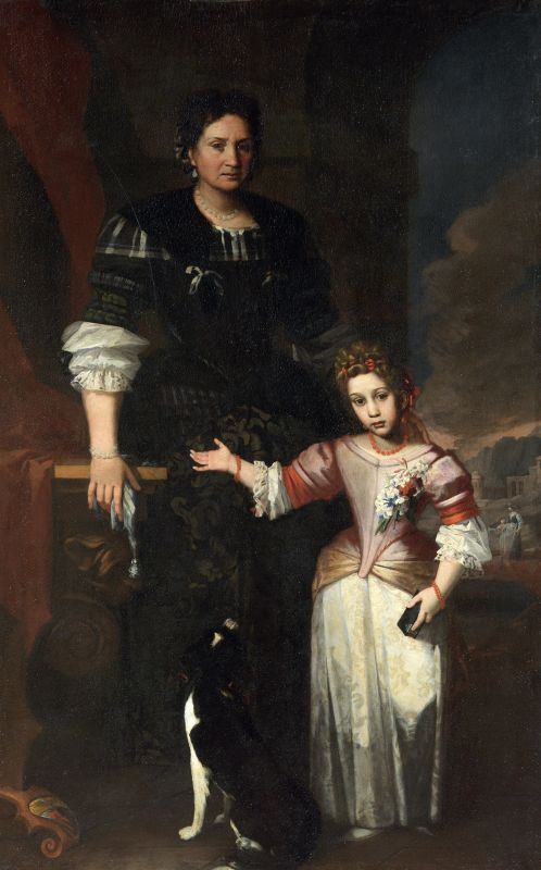 Pier Francesco Cittadini detto il Milanese (attr. a) - Ritratto di gentildonna con figlia e cagnolino