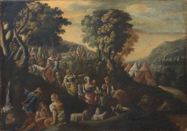 Scuola italiana del XVII secolo - Paesaggio con scena biblica