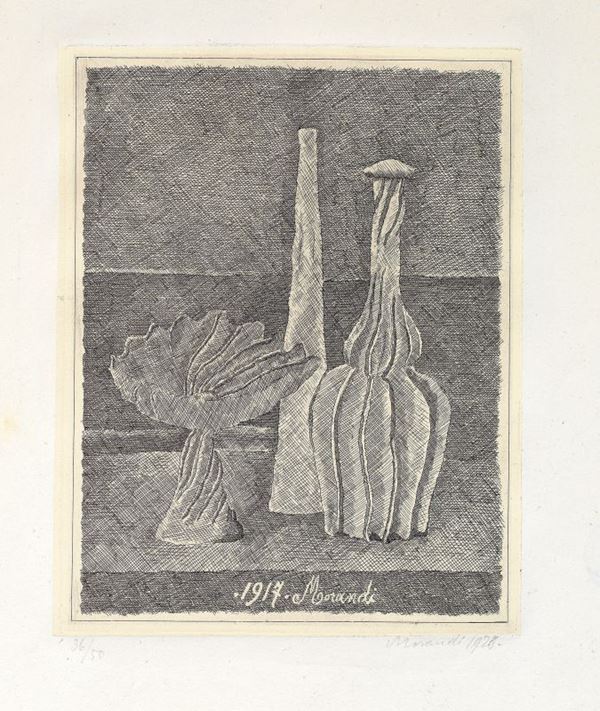 Giorgio Morandi - Natura morta con compostiera, bottiglia lunga e bottiglia scannellata