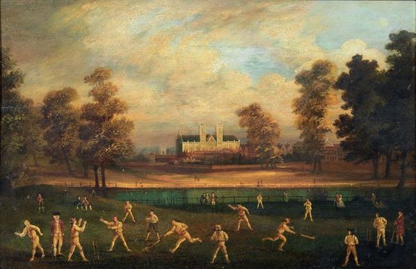 Scuola inglese fine XVIII secolo - Paesaggio con partita di cricket