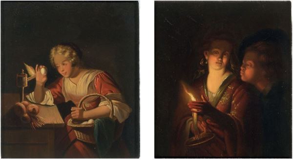 Scuola fiamminga del XIX secolo - «Contadina» e «Due figure a lume di candela»