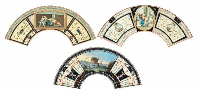 Lotto di Tre Acquerelli su Ventaglio