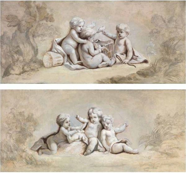 Scuola Italia settentrionale fine del XVIII secolo - Lotto di due dipinti raffiguranti «Gioco di Amorini»