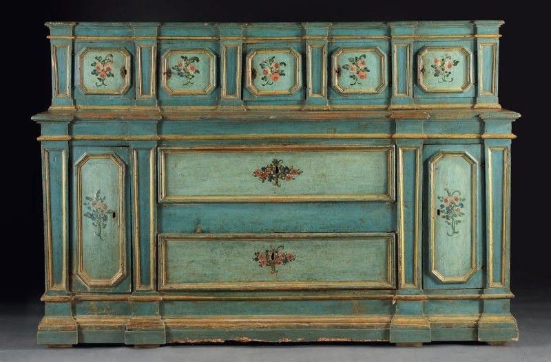 Grande Credenza a Doppio Corpo in Legno Laccato Azzurro e Giallo