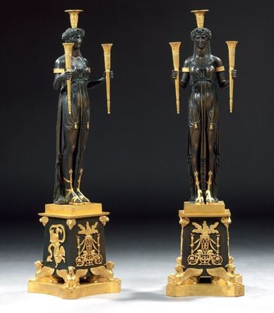 Coppia di Flambeau in Bronzo Brunito e Dorato