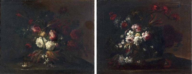 Scuola Romana del XVII Secolo - Due Dipinti a Soggetto «natura Morta con Vaso di Fiori»