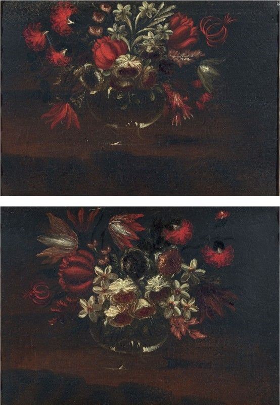 Scuola Romana del XVII Secolo - Due Dipinti a Soggetto «natura Morta con Fiori»