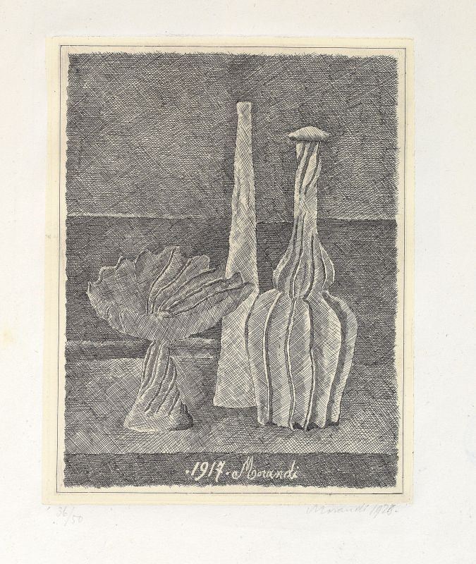 Giorgio Morandi - Natura Morta con Compostiera, Bottiglia Lunga e Bottiglia Scannellata