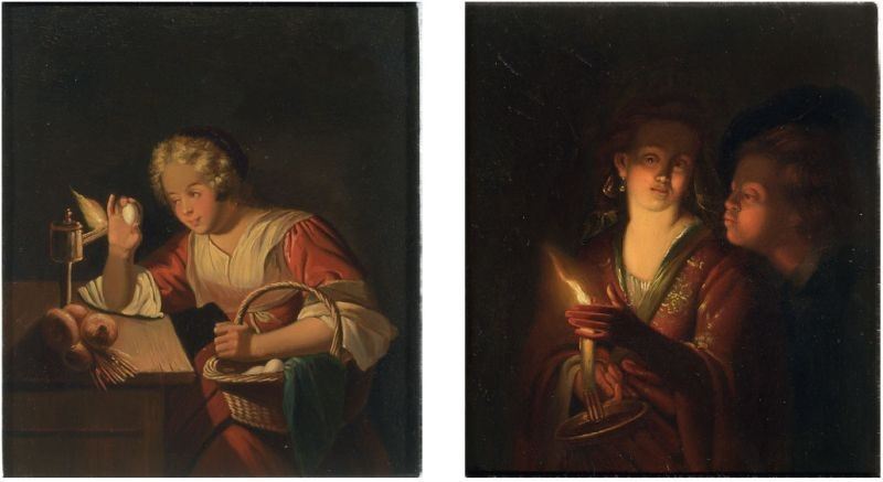 Scuola Fiamminga del XIX Secolo - «contadina» e «due Figure a Lume di Candela»