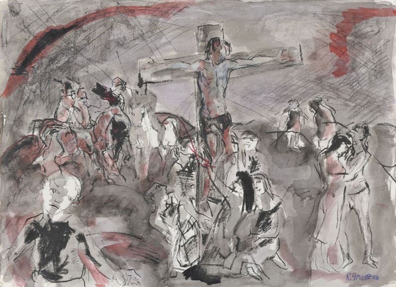 Renzo Grazzini - Crocifissione, gouache e carboncino su carta