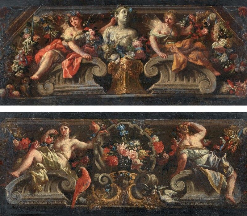 Francesco Solimena - «due Virtù Alate con Busto di Flora su Piedistallo» e «due Virtù con Vaso di...