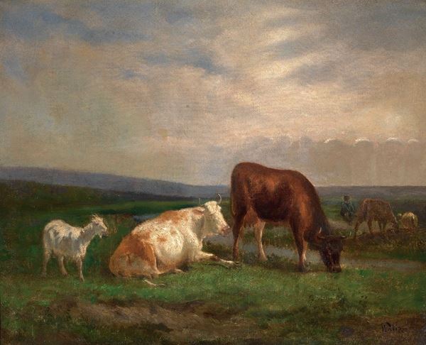 Scuola inglese del XIX secolo - Paesaggio con mucche