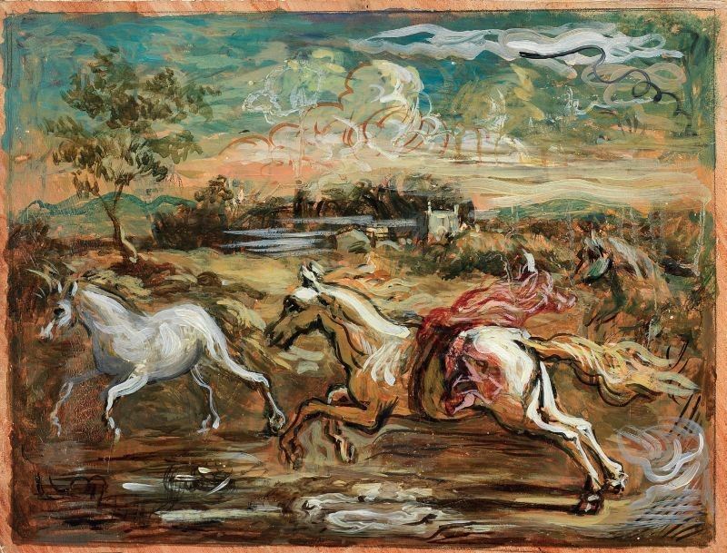 Giorgio De Chirico - Cavalli in un Paesaggio