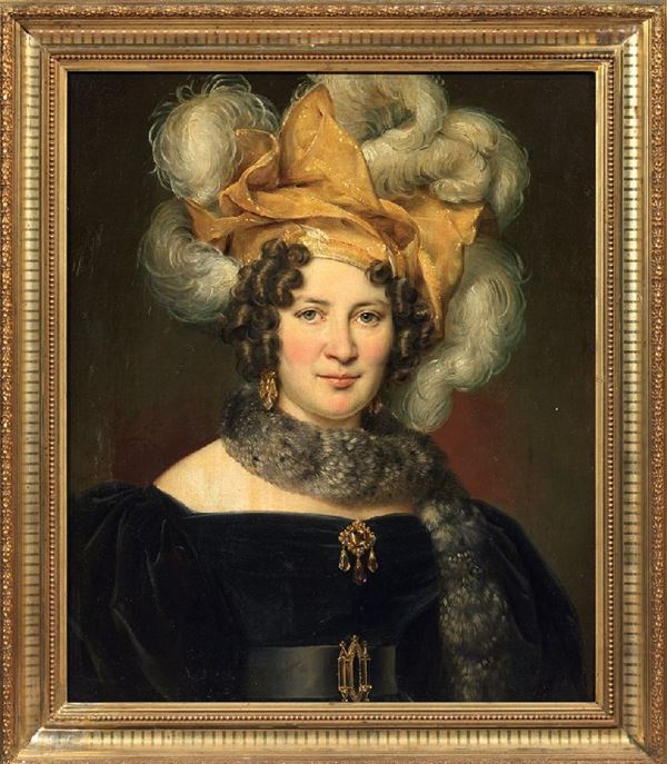Ignoto del XIX secolo - Ritratto di gentildonna con cappello piumato