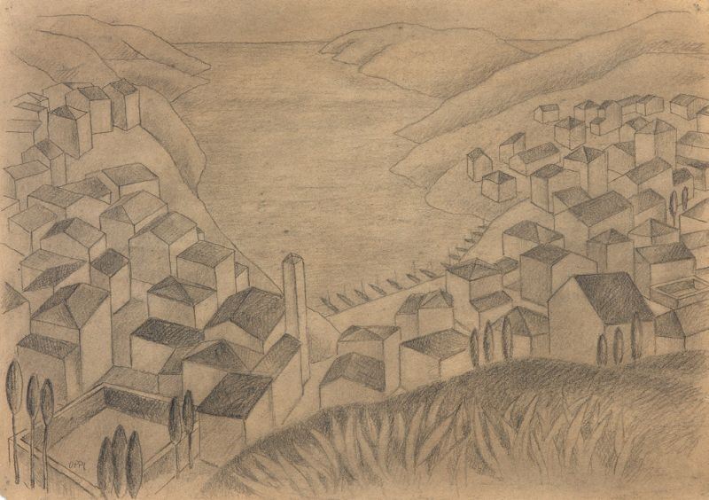 Ubaldo Oppi - Paesaggio (case con Porto)