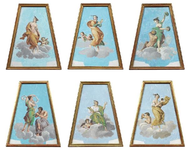 Ignoto inizio XX secolo - Lotto di dodici tempere raffiguranti «Menadi danzanti con amorini»