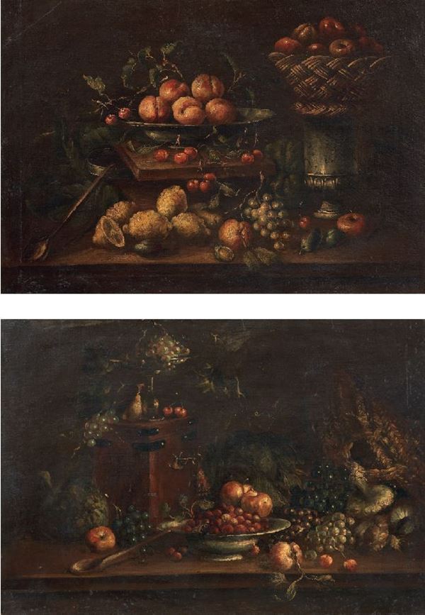 Scuola italiana del XIX secolo - «Natura morta con frutta e vasi di metallo» e «Natura morta con frutta e cassetta da viaggio»