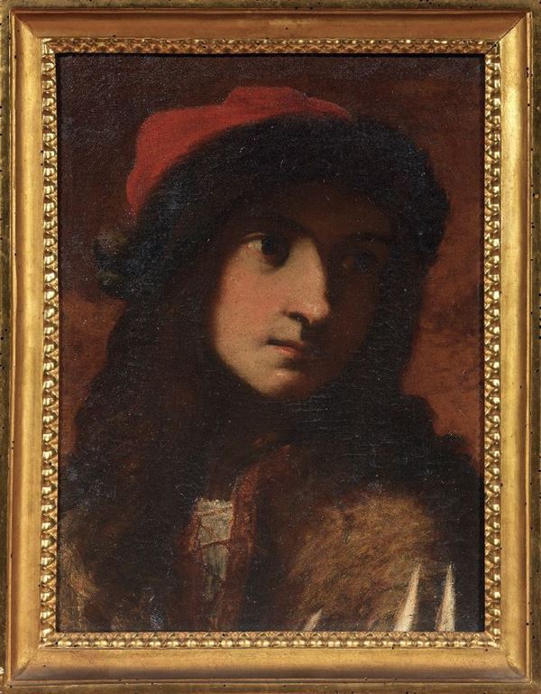 Scuola veneta del XVII secolo - Ritratto di giovane con cappello rosso