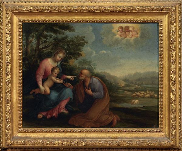 Scuola romana del XVIII secolo - La Vergine con Gesù Bambino che consegna le chiavi a San Pietro