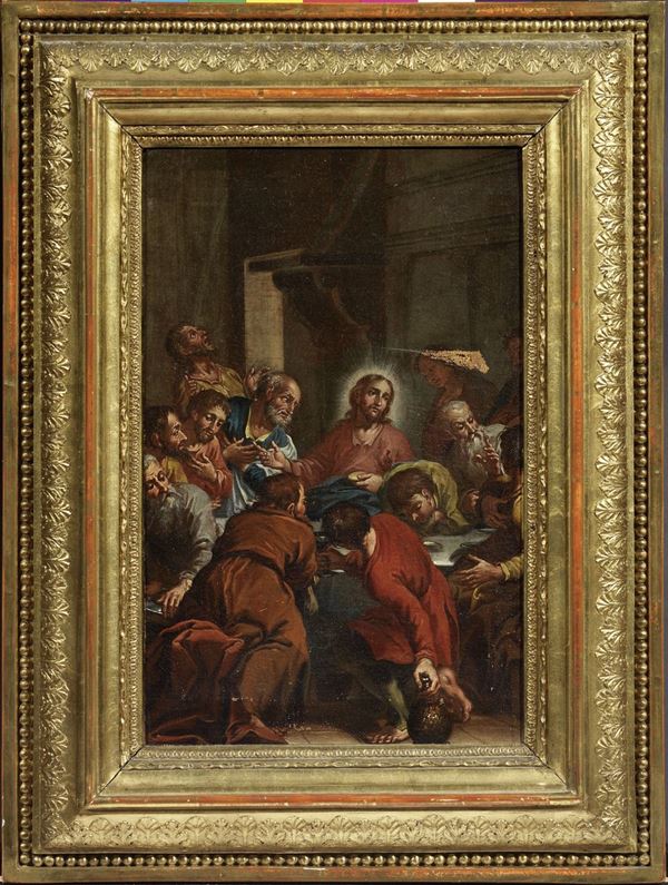 Scuola emiliana fine XVII secolo - Due scene della Vita di Cristo: «La lavanda dei piedi» e «L'ultima cena»