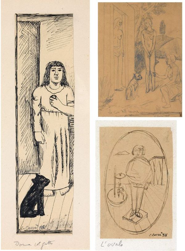 Carlo Carr&#224; - Lotto di tre disegni: «L'ovale», «La casa dell'amore» e «Donna col gatto»