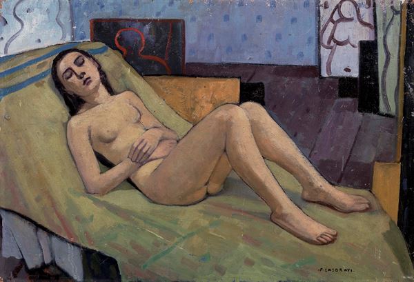 Felice Casorati : Nudo sdraiato (nello studio) o Ragazza  ((1934))  - Olio su tavola - Auction MODERN ART - II - Casa d'aste Farsettiarte