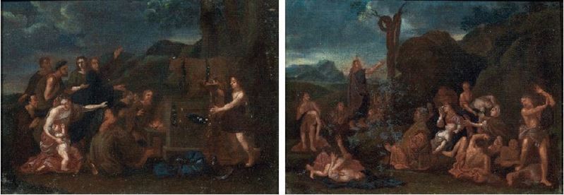 Scuola Romana Fine XVII Secolo - «mosè e il Serpente» e «adorazione del Vitello D'oro»