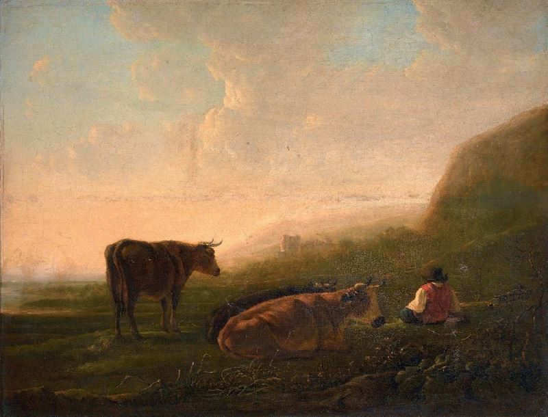 Scuola Olandese del XIX Secolo - Paesaggio con Mucche e Guardiano