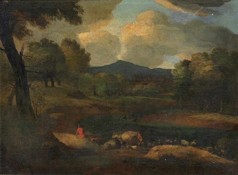 Scuola Francese Fine XIX Secolo - Paesaggio Fluviale con Armenti